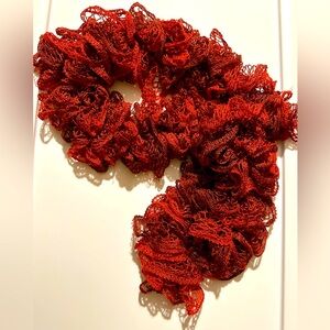 Lace crocheted neck scarf red and black has sparkling threads